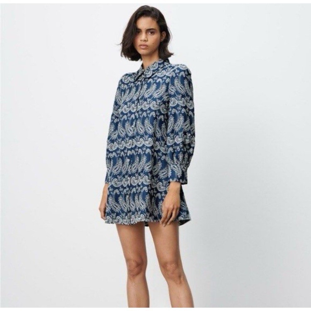 Zara Paisley Blue Eyelet Tunic Long Sleeve Shirt Dress Womens Small Mini Boho‎